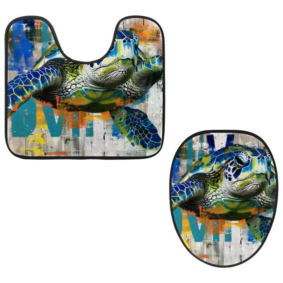 PhooArto Toilet Lid Cover and U-Shaped Toilet Floor Mat Set of 2 Pieces, Retro Doodle Turtle Toilet Mat Set, Machine Washable Seat Covers Non-Slip Absorbent Rugs