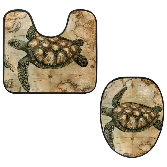 PhooArto Toilet Lid Cover and U-Shaped Toilet Floor Mat Set of 2 Pieces, Retro Map and Sea Turtle Toilet Mat Set, Machine Washable Seat Covers Non-Slip Absorbent Rugs
