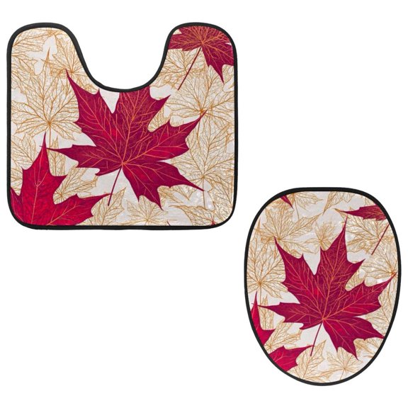 PhooArto Toilet Lid Cover and U-Shaped Toilet Floor Mat Set of 2 Pieces, Retro Maple Leaves Pattern Toilet Mat Set, Machine Washable Seat Covers Non-Slip Absorbent Rugs
