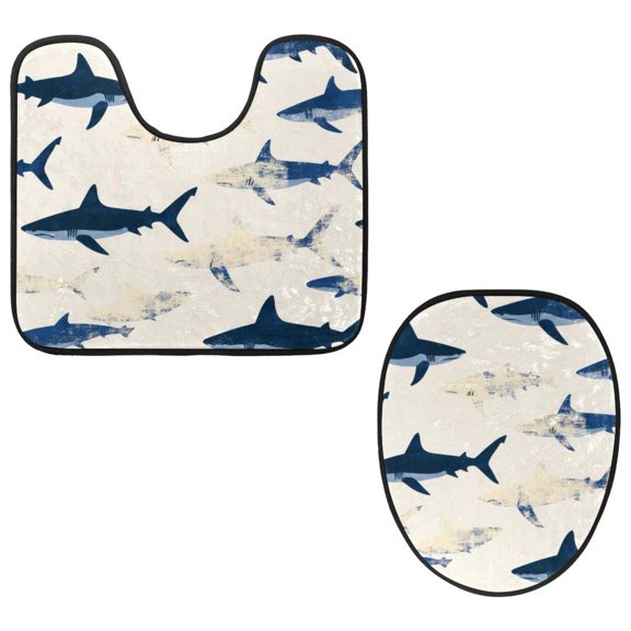 PhooArto Toilet Lid Cover and U-Shaped Toilet Floor Mat Set of 2 Pieces, Retro Shark Pattern Toilet Mat Set, Machine Washable Seat Covers Non-Slip Absorbent Rugs