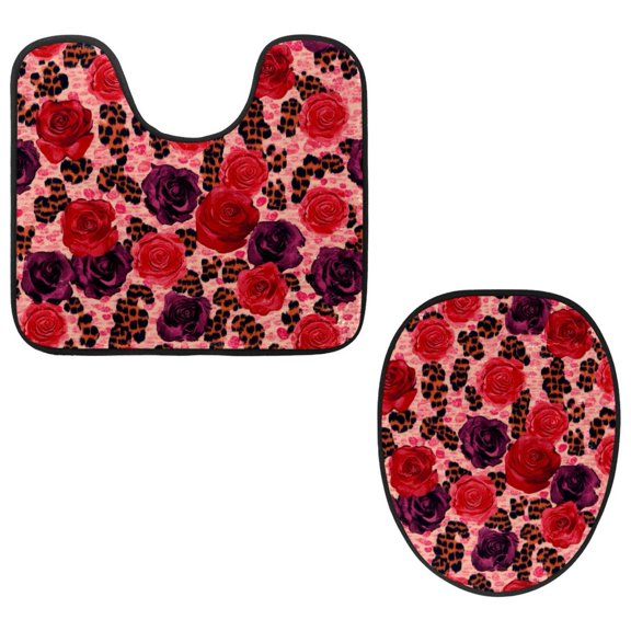 PhooArto Toilet Lid Cover and U-Shaped Toilet Floor Mat Set of 2 Pieces, Rose Leopard Pattern Toilet Mat Set, Machine Washable Seat Covers Non-Slip Absorbent Rugs