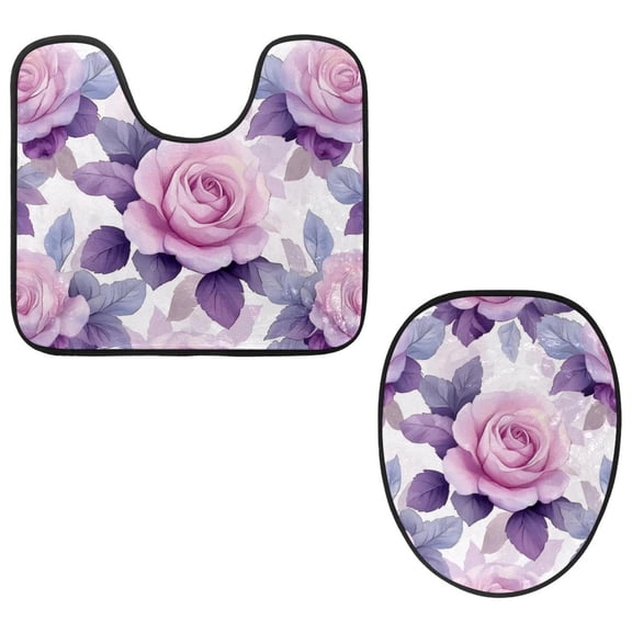 PhooArto Toilet Lid Cover and U-Shaped Toilet Floor Mat Set of 2 Pieces, Rose Purple Pattern Toilet Mat Set, Machine Washable Seat Covers Non-Slip Absorbent Rugs