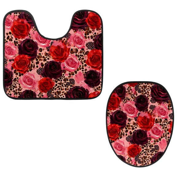PhooArto Toilet Lid Cover and U-Shaped Toilet Floor Mat Set of 2 Pieces, Roses Leopard Patterns Toilet Mat Set, Machine Washable Seat Covers Non-Slip Absorbent Rugs
