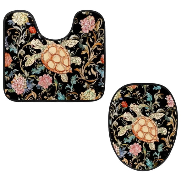 PhooArto Toilet Lid Cover and U-Shaped Toilet Floor Mat Set of 2 Pieces, Sea Turtle Color Flowers Pattern Toilet Mat Set, Machine Washable Seat Covers Non-Slip Absorbent Rugs