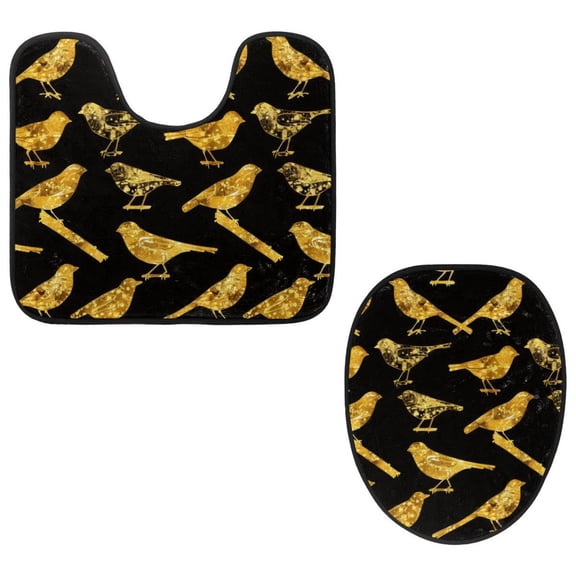 PhooArto Toilet Lid Cover and U-Shaped Toilet Floor Mat Set of 2 Pieces, Shining Bird Golden Pattern Toilet Mat Set, Machine Washable Seat Covers Non-Slip Absorbent Rugs