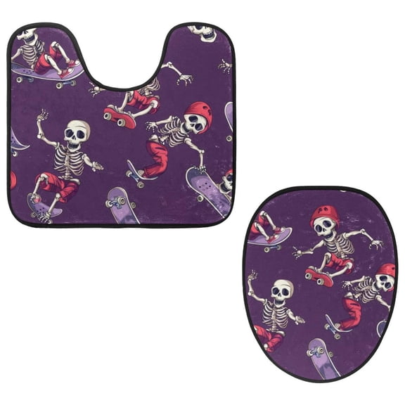 PhooArto Toilet Lid Cover and U-Shaped Toilet Floor Mat Set of 2 Pieces, Skeleton Skateboard Patterns Toilet Mat Set, Machine Washable Seat Covers Non-Slip Absorbent Rugs