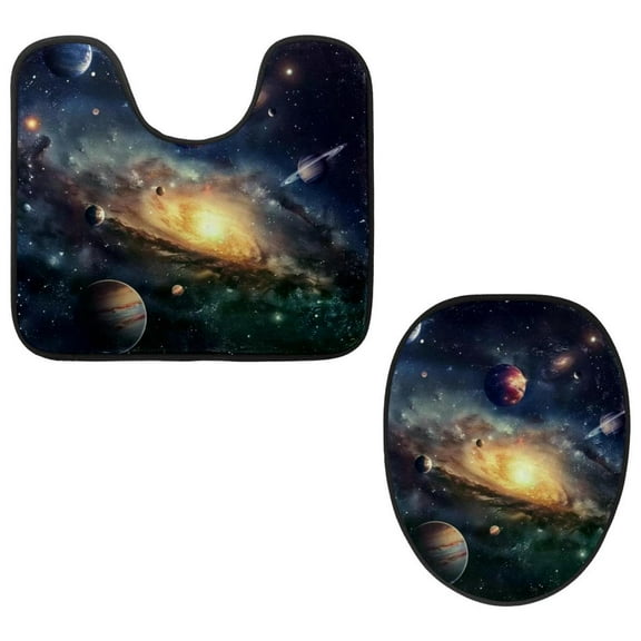 PhooArto Toilet Lid Cover and U-Shaped Toilet Floor Mat Set of 2 Pieces, Solar System Galaxy Astronomy Universe Toilet Mat Set, Machine Washable Seat Covers Non-Slip Absorbent Rugs