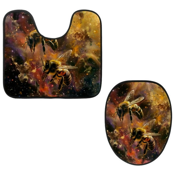 PhooArto Toilet Lid Cover and U-Shaped Toilet Floor Mat Set of 2 Pieces, Space Galaxy Bees Toilet Mat Set, Machine Washable Seat Covers Non-Slip Absorbent Rugs