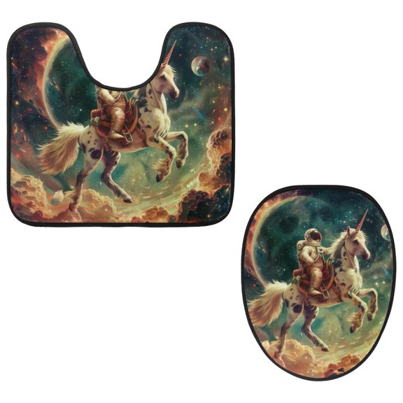 PhooArto Toilet Lid Cover and U-Shaped Toilet Floor Mat Set of 2 Pieces, Space Horse Riding Toilet Mat Set, Machine Washable Seat Covers Non-Slip Absorbent Rugs