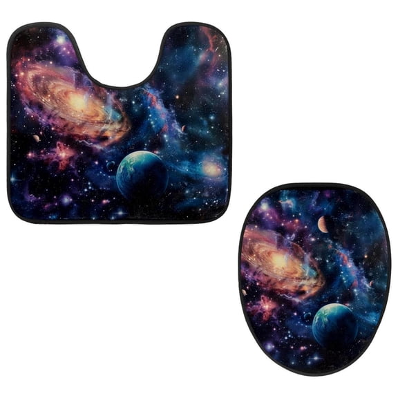 PhooArto Toilet Lid Cover and U-Shaped Toilet Floor Mat Set of 2 Pieces, Space Universe Galaxy Planets Toilet Mat Set, Machine Washable Seat Covers Non-Slip Absorbent Rugs