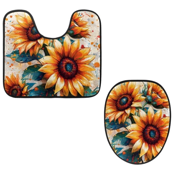 PhooArto Toilet Lid Cover and U-Shaped Toilet Floor Mat Set of 2 Pieces, Splash Sunflowers Pattern Toilet Mat Set, Machine Washable Seat Covers Non-Slip Absorbent Rugs