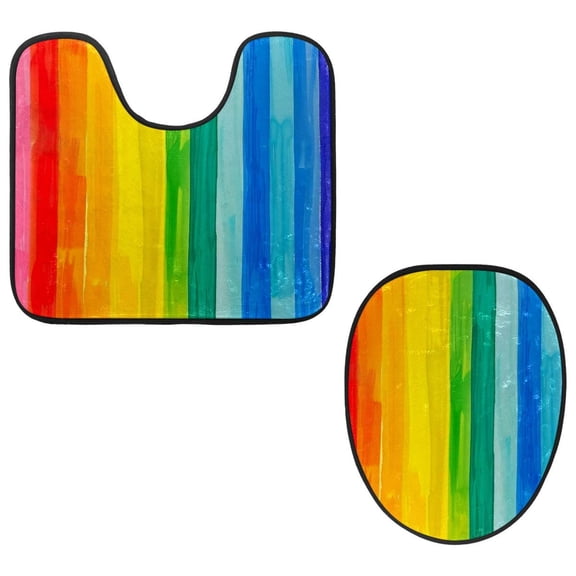 PhooArto Toilet Lid Cover and U-Shaped Toilet Floor Mat Set of 2 Pieces, Stripe Rainbow Pattern Toilet Mat Set, Machine Washable Seat Covers Non-Slip Absorbent Rugs