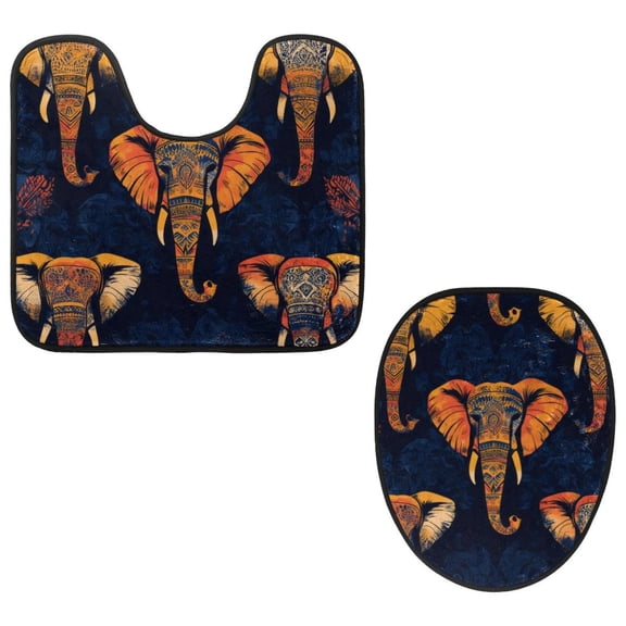 PhooArto Toilet Lid Cover and U-Shaped Toilet Floor Mat Set of 2 Pieces, Tribe Elephant Pattern Toilet Mat Set, Machine Washable Seat Covers Non-Slip Absorbent Rugs