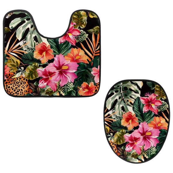 PhooArto Toilet Lid Cover and U-Shaped Toilet Floor Mat Set of 2 Pieces, Tropical Flower with Leopard Pattern Toilet Mat Set, Machine Washable Seat Covers Non-Slip Absorbent Rugs