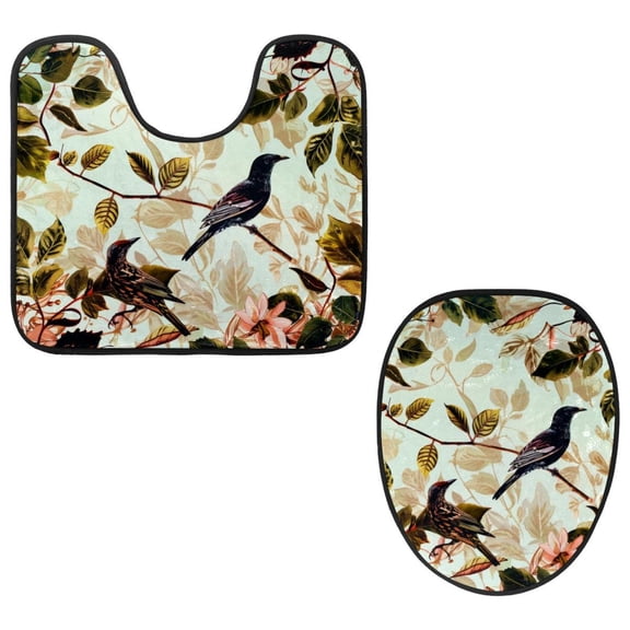 PhooArto Toilet Lid Cover and U-Shaped Toilet Floor Mat Set of 2 Pieces, Tropical Green Leaves Birds Toilet Mat Set, Machine Washable Seat Covers Non-Slip Absorbent Rugs