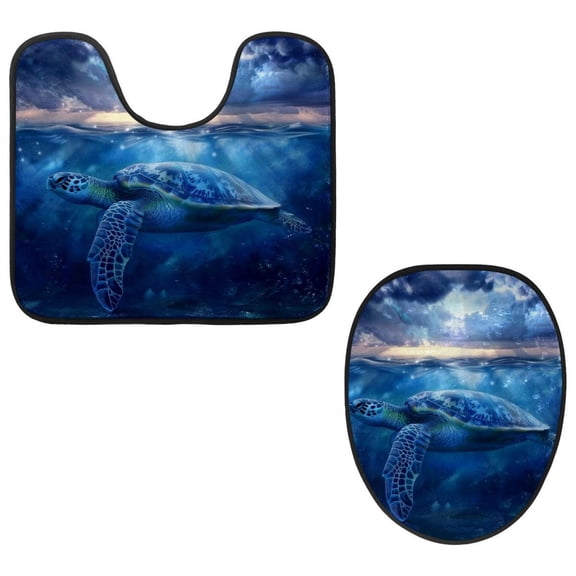 PhooArto Toilet Lid Cover and U-Shaped Toilet Floor Mat Set of 2 Pieces, Underwater Sea Turtle Toilet Mat Set, Machine Washable Seat Covers Non-Slip Absorbent Rugs