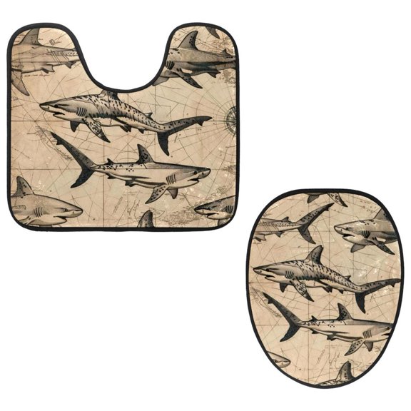 PhooArto Toilet Lid Cover and U-Shaped Toilet Floor Mat Set of 2 Pieces, Vintage Map Sea Sharks Pattern Toilet Mat Set, Machine Washable Seat Covers Non-Slip Absorbent Rugs