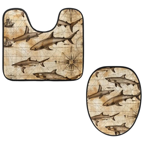 PhooArto Toilet Lid Cover and U-Shaped Toilet Floor Mat Set of 2 Pieces, Vintage Map Sharks Patterns Toilet Mat Set, Machine Washable Seat Covers Non-Slip Absorbent Rugs