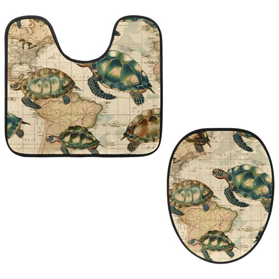 PhooArto Toilet Lid Cover and U-Shaped Toilet Floor Mat Set of 2 Pieces, Vintage Map Turtles Pattern Toilet Mat Set, Machine Washable Seat Covers Non-Slip Absorbent Rugs