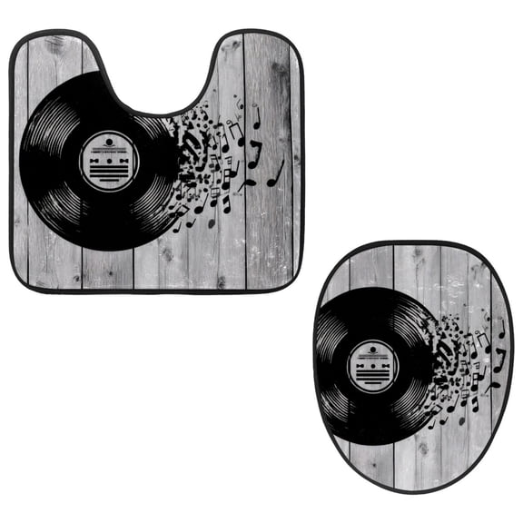 PhooArto Toilet Lid Cover and U-Shaped Toilet Floor Mat Set of 2 Pieces, Vinyl Record Wooden Toilet Mat Set, Machine Washable Seat Covers Non-Slip Absorbent Rugs