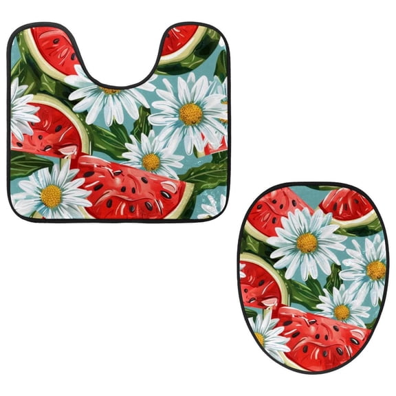PhooArto Toilet Lid Cover and U-Shaped Toilet Floor Mat Set of 2 Pieces, Watermelon Daisy Flower Pattern Toilet Mat Set, Machine Washable Seat Covers Non-Slip Absorbent Rugs
