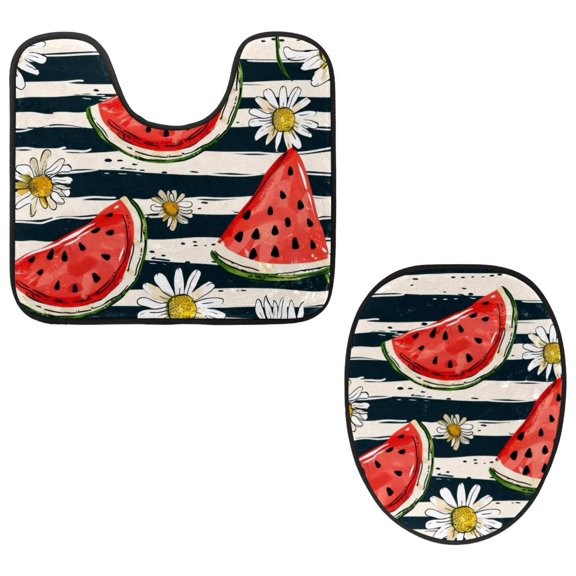 PhooArto Toilet Lid Cover and U-Shaped Toilet Floor Mat Set of 2 Pieces, Watermelon Daisy Flowers Stripe Pattern Toilet Mat Set, Machine Washable Seat Covers Non-Slip Absorbent Rugs