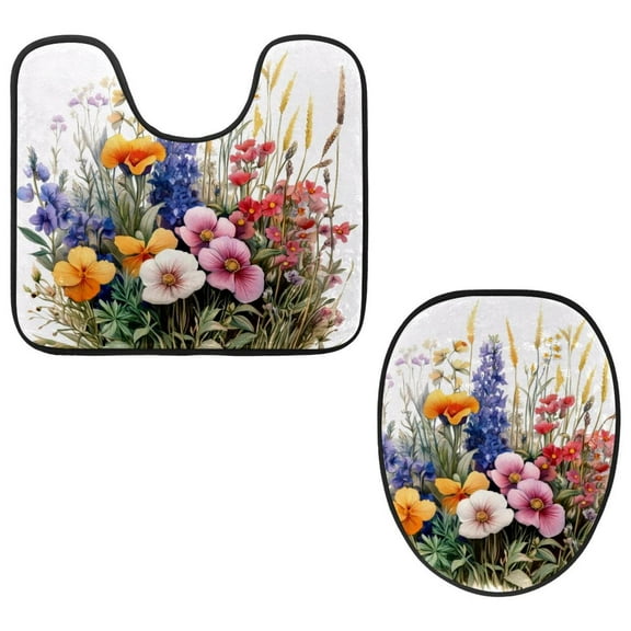 PhooArto Toilet Lid Cover and U-Shaped Toilet Floor Mat Set of 2 Pieces, Wild Flowers Pattern Toilet Mat Set, Machine Washable Seat Covers Non-Slip Absorbent Rugs