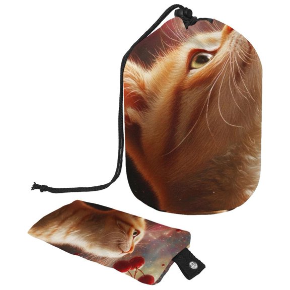 PhooArto Travel Cosmetic Bags Barrel Makeup Bag, Multifunctional Toiletry Bucket Bags Round Organizer Storage Pocket, Cat Cherries in the Galaxy