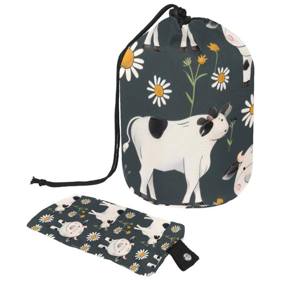 PhooArto Travel Cosmetic Bags Barrel Makeup Bag, Multifunctional Toiletry Bucket Bags Round Organizer Storage Pocket, Cute Cows Chamomile Pattern