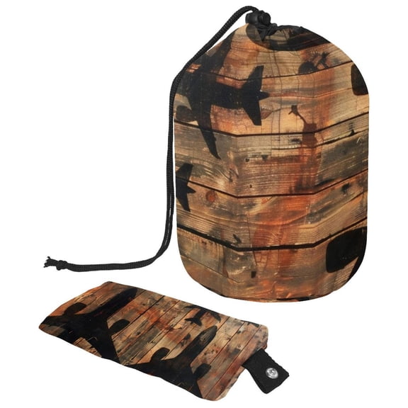 PhooArto Travel Cosmetic Bags Barrel Makeup Bag, Multifunctional Toiletry Bucket Bags Round Organizer Storage Pocket, Fly Airplane Silhouettes Wooden Boards