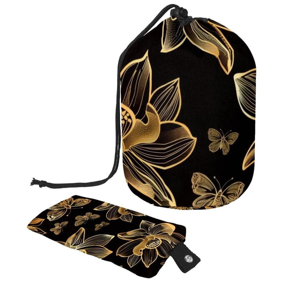 PhooArto Travel Cosmetic Bags Barrel Makeup Bag, Multifunctional Toiletry Bucket Bags Round Organizer Storage Pocket, Golden Lotus Butterfly Pattern