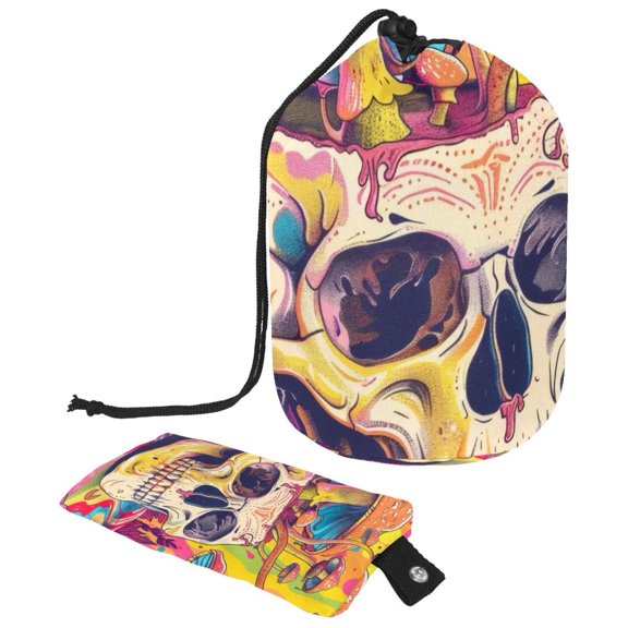 PhooArto Travel Cosmetic Bags Barrel Makeup Bag, Multifunctional Toiletry Bucket Bags Round Organizer Storage Pocket, Rainbow Skull Mushrooms