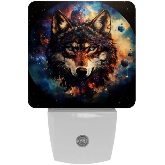 PhooArto Tribal Wolf Galaxy Moon Plug in LED Night Light Auto Sensor Dusk to Dawn Decorative Night for Bedroom, Bathroom, Kitchen, Hallway, Stairs, Baby's Room, Energy Saving