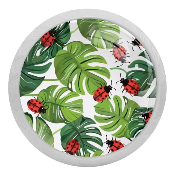 PhooArto Tropical Palm Leaf Ladybugs Pattern 4 PCS Crystal Glass Cabinet Knobs, Drawer Kitchen Cabinets Dresser Cupboard Wardrobe Pulls Handle - Glowing in the Dark