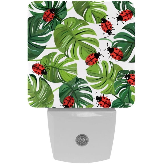 PhooArto Tropical Palm Leaf Ladybugs Pattern Plug in LED Night Light Auto Sensor Dusk to Dawn Decorative Night for Bedroom, Bathroom, Kitchen, Hallway, Stairs, Baby's Room, Energy Saving