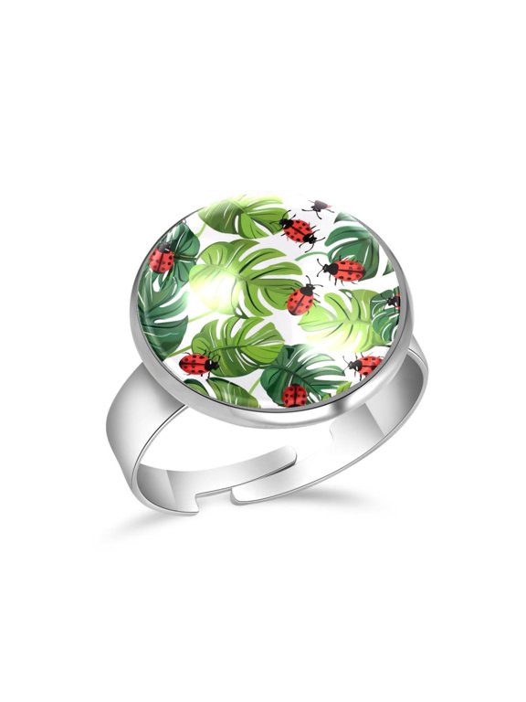 Tropical Palm Leaf Ladybugs Pattern Stainless Steel Rings for Women, Open Adjustable Ring Promise Ring Jewelry Gifts