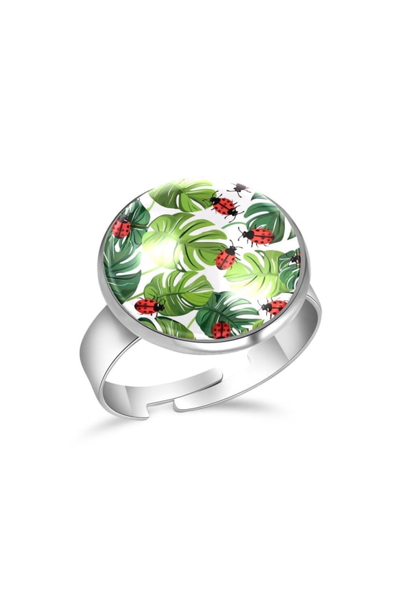 Tropical Palm Leaf Ladybugs Pattern Stainless Steel Rings for Women, Open Adjustable Ring Promise Ring Jewelry Gifts