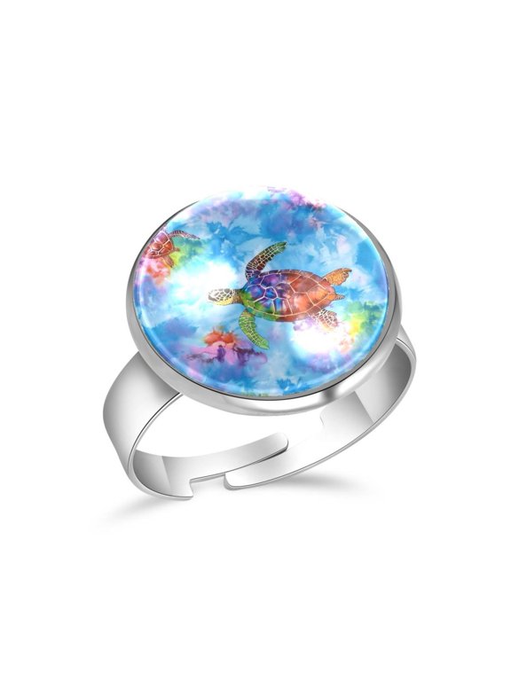 Turtle Tie Dye Pattern Stainless Steel Rings for Women, Open Adjustable Ring Promise Ring Jewelry Gifts