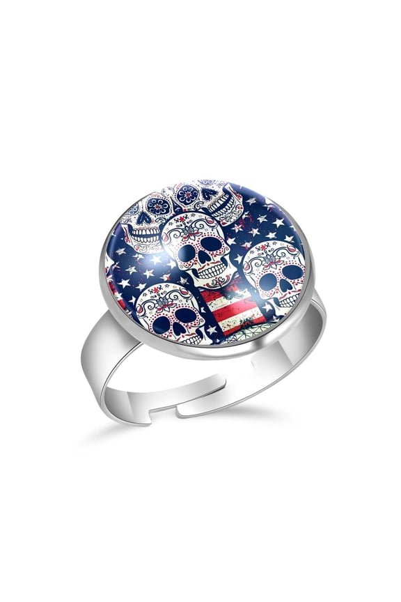 USA Flag Skull Stainless Steel Rings for Women, Open Adjustable Ring Promise Ring Jewelry Gifts