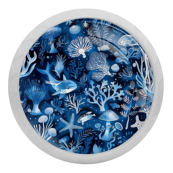 PhooArto Underwater Sea Life Blue Pattern 4 PCS Crystal Glass Cabinet Knobs, Drawer Kitchen Cabinets Dresser Cupboard Wardrobe Pulls Handle - Glowing in the Dark
