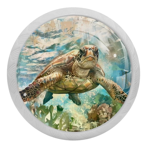 PhooArto Underwater Sea Turtle 4 PCS Crystal Glass Cabinet Knobs, Drawer Kitchen Cabinets Dresser Cupboard Wardrobe Pulls Handle - Glowing in the Dark