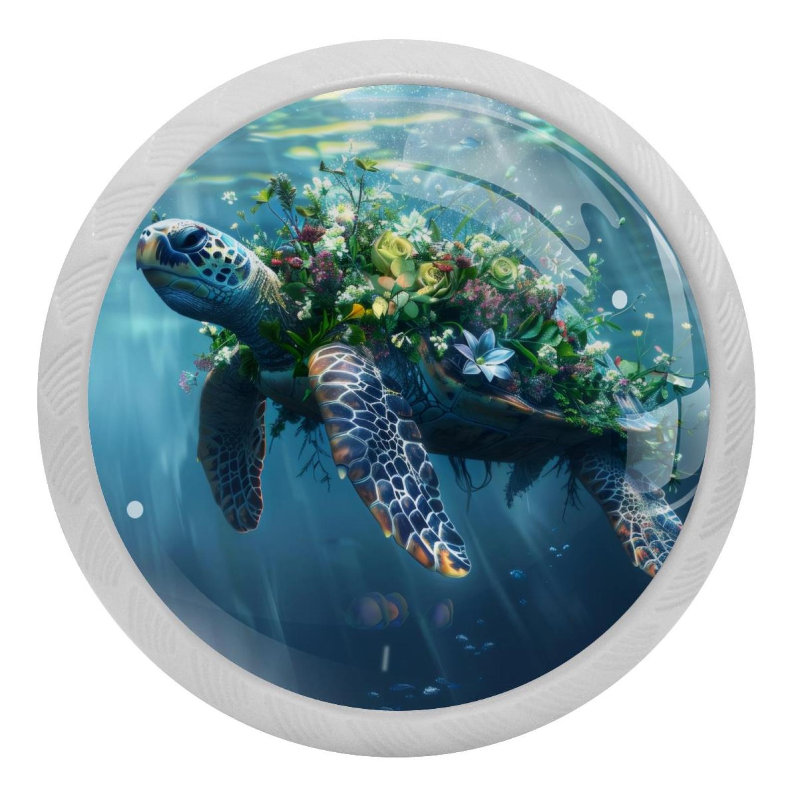Turtle Kitchen Accessory PhooArto Underwater Sea Turtle Flowers 4 PCS Crystal Glass Cabinet ...