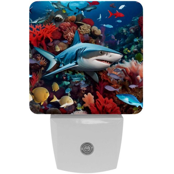 PhooArto Underwater Shark Fish Coral Plug in LED Night Light Auto Sensor Dusk to Dawn Decorative Night for Bedroom, Bathroom, Kitchen, Hallway, Stairs, Baby's Room, Energy Saving