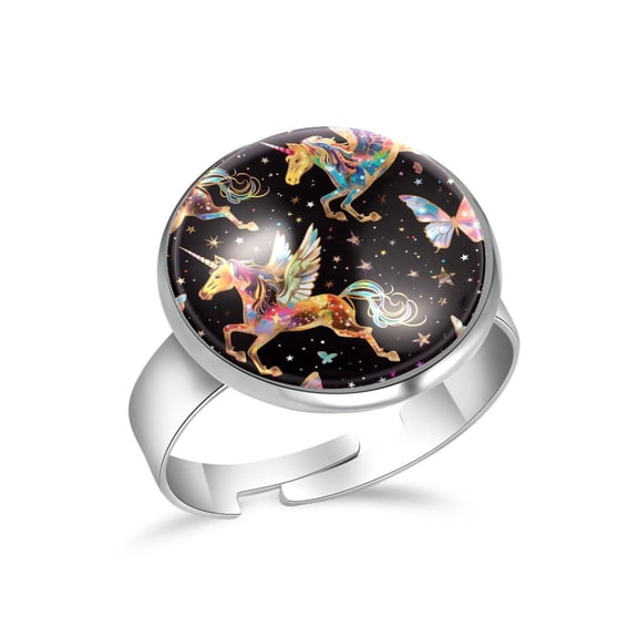 PhooArto Unicorn and Butterflies Pattern Stainless Steel Rings for Women, Open Adjustable Ring Promise Ring Jewelry Gifts