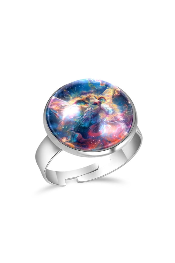 Universe Galaxy Cat Stainless Steel Rings for Women, Open Adjustable Ring Promise Ring Jewelry Gifts
