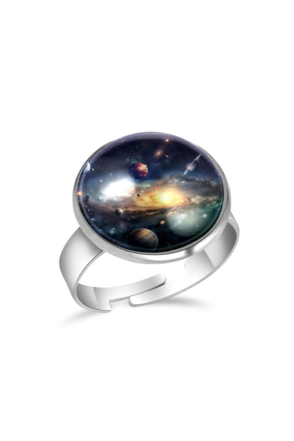 Universe Galaxy Solar Stainless Steel Rings for Women, Open Adjustable Ring Promise Ring Jewelry Gifts