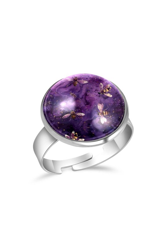 Universe Purple Galaxy Bees Stainless Steel Rings for Women, Open Adjustable Ring Promise Ring Jewelry Gifts