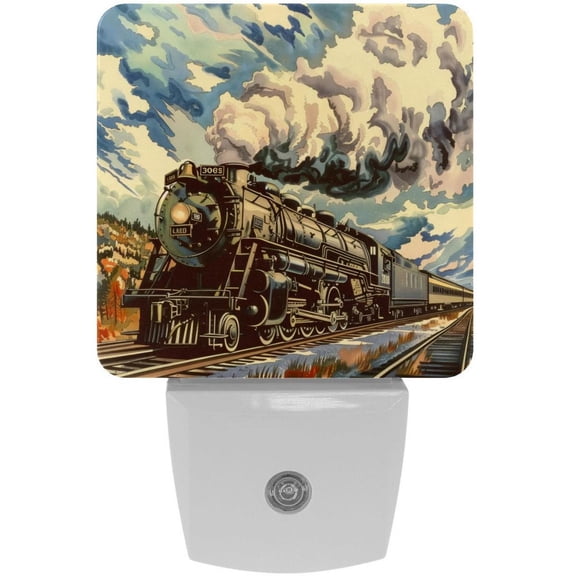 PhooArto Vinatge Steam Train Railway Pattern Plug in LED Night Light Auto Sensor Dusk to Dawn Decorative Night for Bedroom, Bathroom, Kitchen, Hallway, Stairs, Baby's Room, Energy Saving