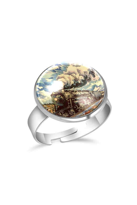 Vinatge Steam Train Railway Pattern Stainless Steel Rings for Women, Open Adjustable Ring Promise Ring Jewelry Gifts