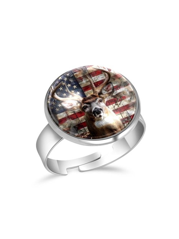 Vintage American Flag Deer Stainless Steel Rings for Women, Open Adjustable Ring Promise Ring Jewelry Gifts